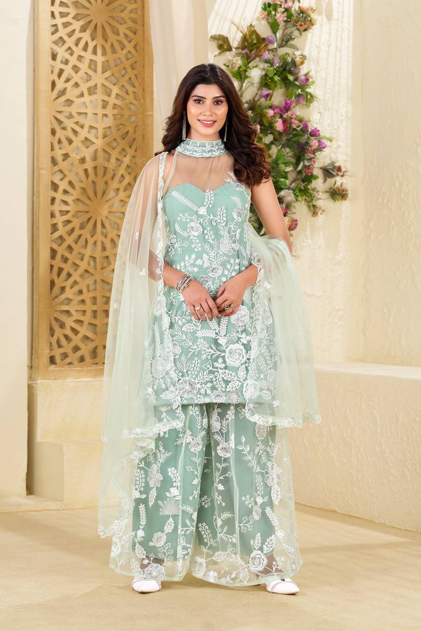Teeya Creation Pista Colour Butterfly Net Embroidery Work Fully Stitched Pakistani Suit | Grocsy