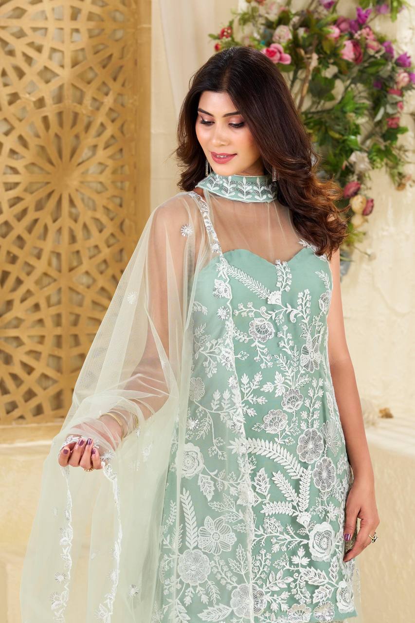Teeya Creation Pista Colour Butterfly Net Embroidery Work Fully Stitched Pakistani Suit | Grocsy
