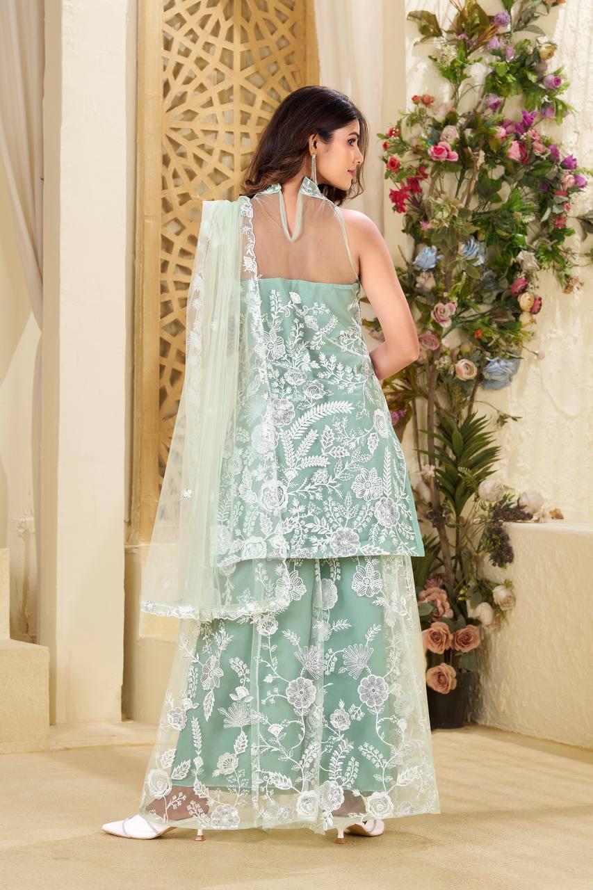 Teeya Creation Pista Colour Butterfly Net Embroidery Work Fully Stitched Pakistani Suit | Grocsy