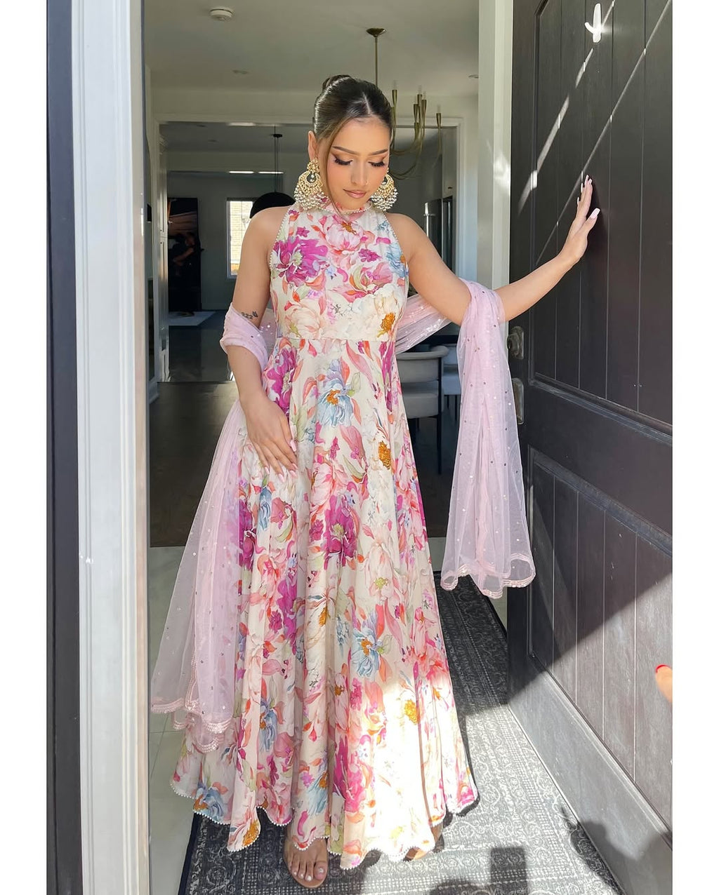 Teeya Creation Multi Colour Georgette Digital Print With Pearl Lace Work Long Gown | Grocsy