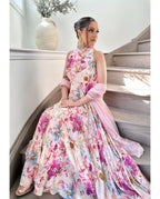 Teeya Creation Multi Colour Georgette Digital Print With Pearl Lace Work Long Gown | Grocsy