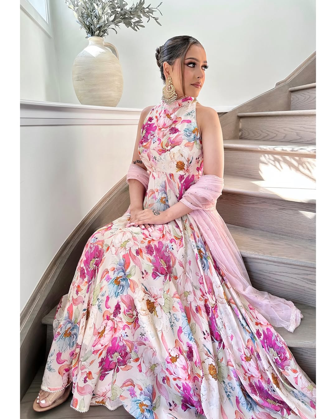 Teeya Creation Multi Colour Georgette Digital Print With Pearl Lace Work Long Gown | Grocsy