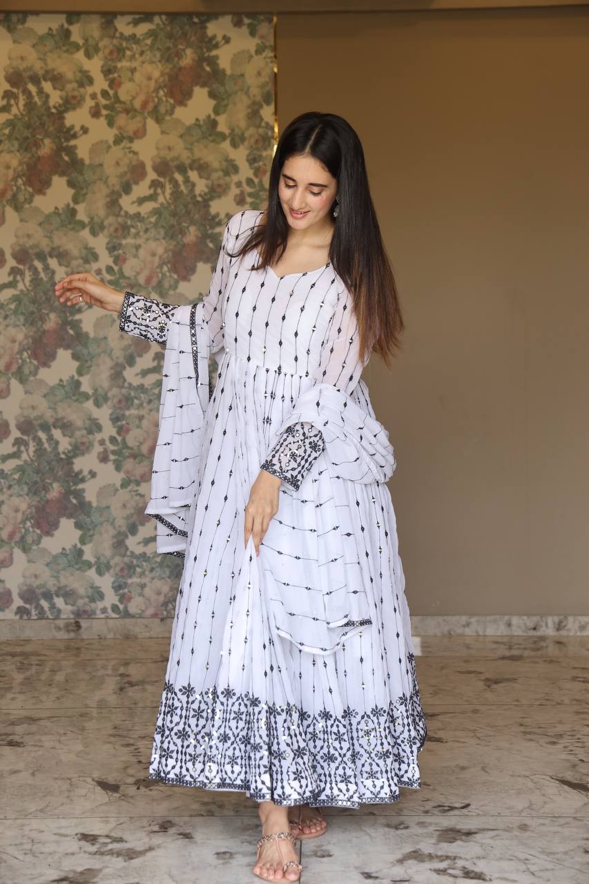 Teeya Creation White Color Faux Georgette Heavy Embroidery And Sequence Work Anarkali With Pants And Dupatta | Grocsy