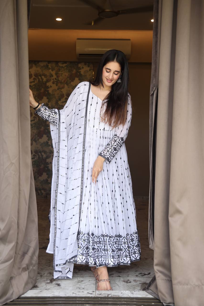Teeya Creation White Color Faux Georgette Heavy Embroidery And Sequence Work Anarkali With Pants And Dupatta | Grocsy