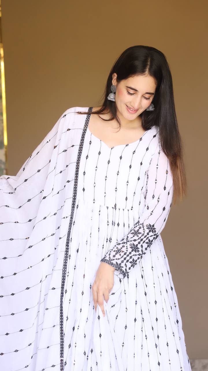 Teeya Creation White Color Faux Georgette Heavy Embroidery And Sequence Work Anarkali With Pants And Dupatta | Grocsy
