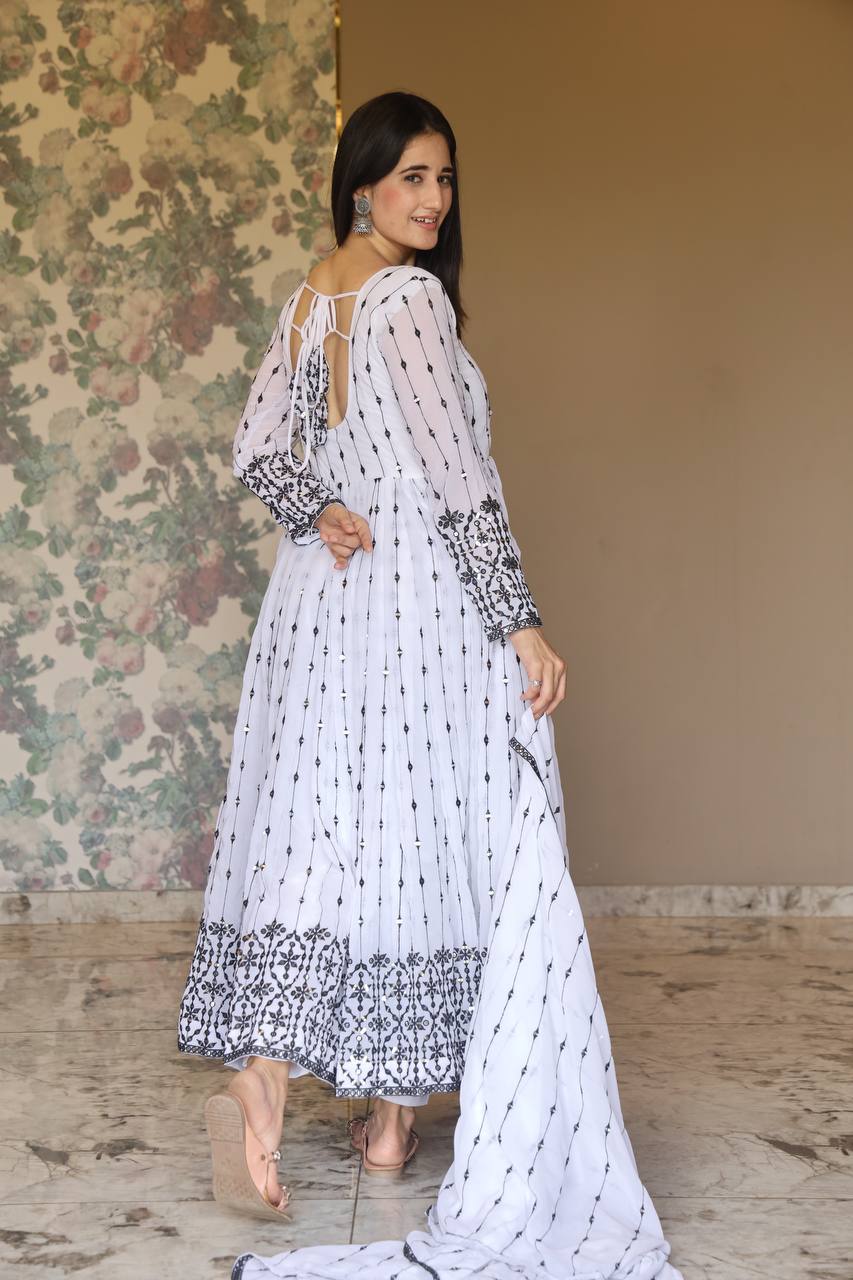 Teeya Creation White Color Faux Georgette Heavy Embroidery And Sequence Work Anarkali With Pants And Dupatta | Grocsy