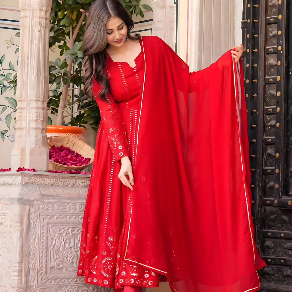 Teeya Creation Red Color Faux Georgette Heavy Embroidery And Sequence Work Anarkali With Pants And Dupatta | Grocsy