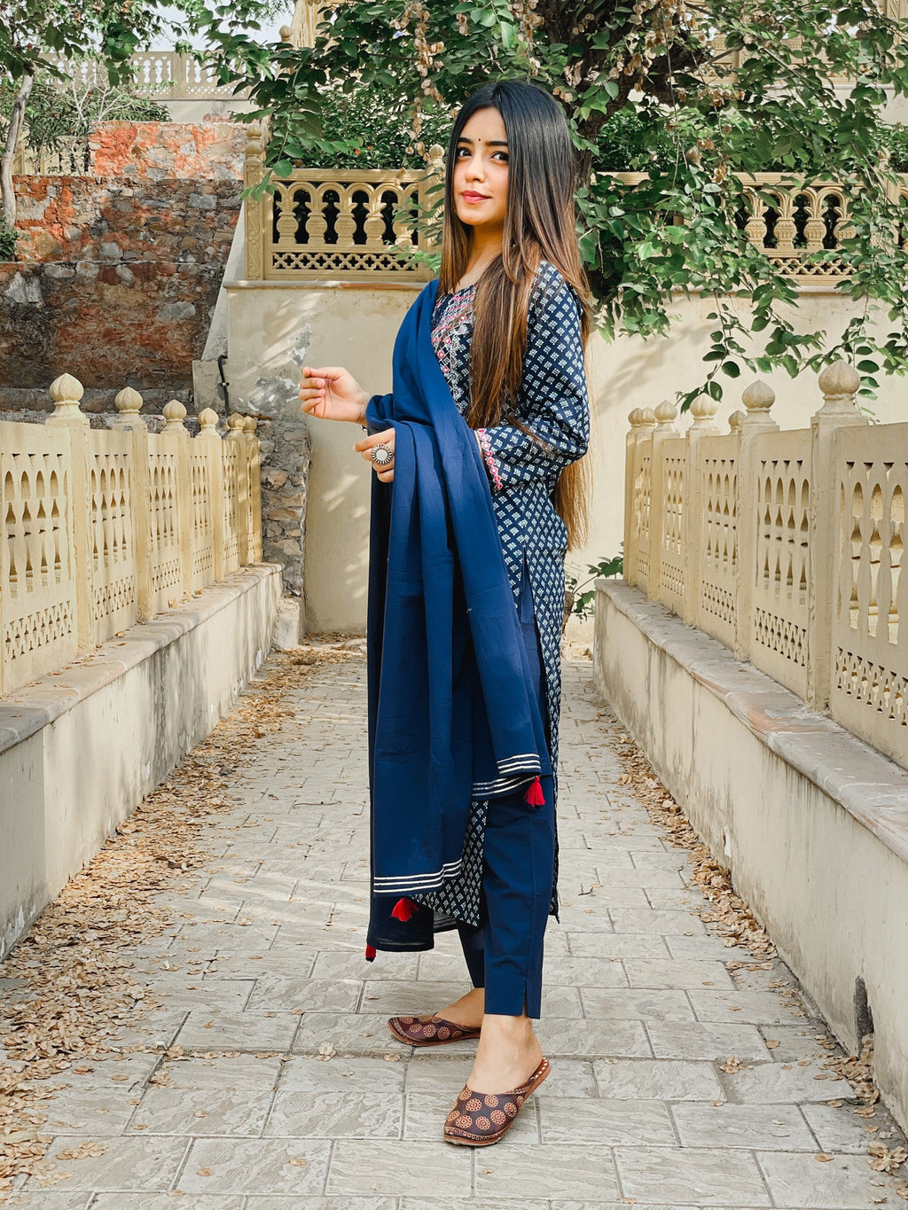 Kaajh Women's Blue Embellished Cotton Suit Set | Grocsy