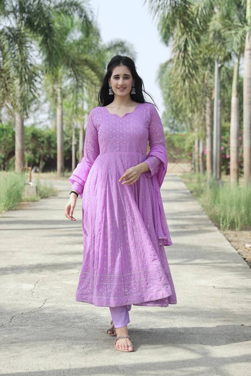 Teeya Creation Purple Color Faux Georgette Heavy Embroidery And Sequence Work Anarkali With Pants And Dupatta | Grocsy