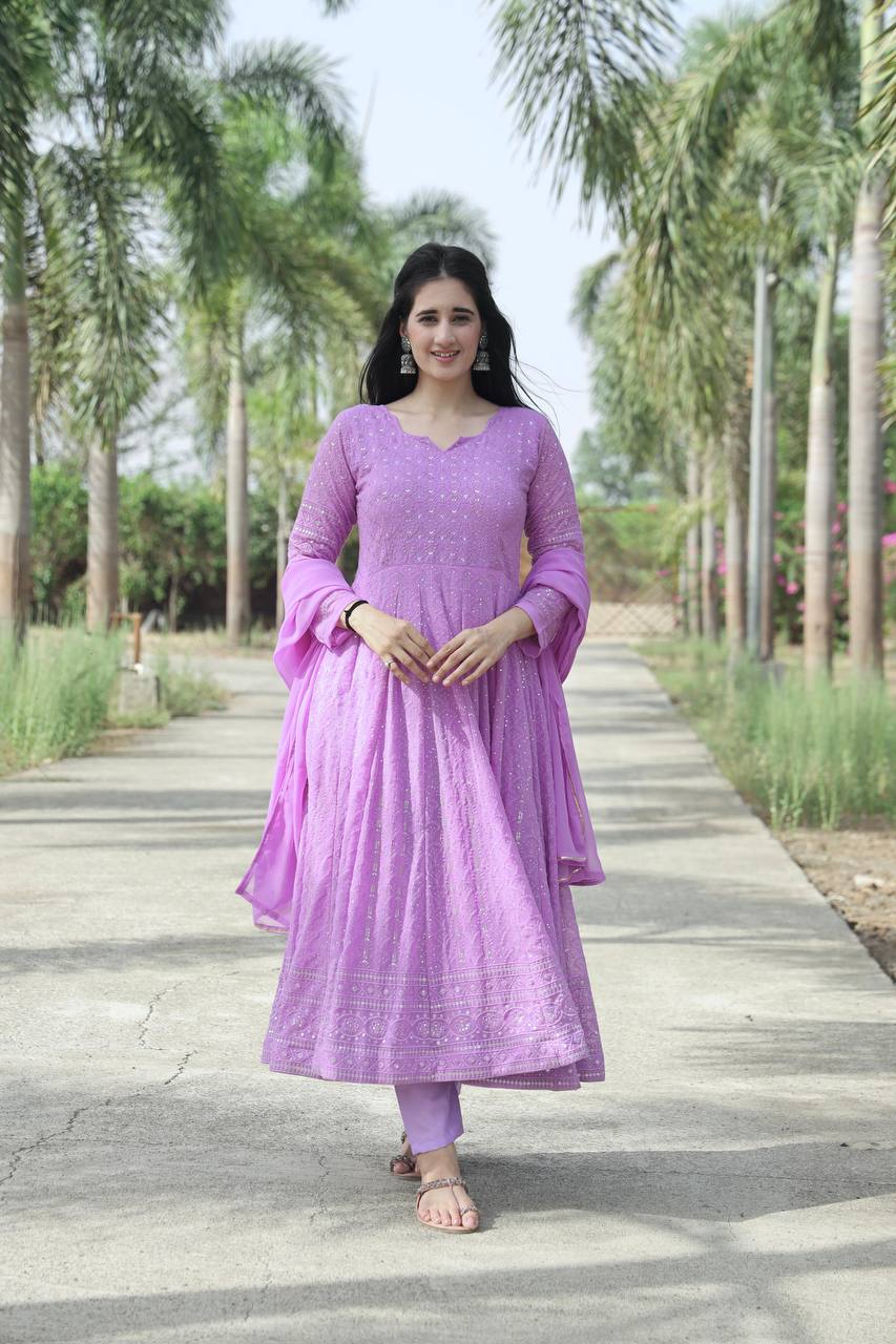 Teeya Creation Purple Color Faux Georgette Heavy Embroidery And Sequence Work Anarkali With Pants And Dupatta | Grocsy