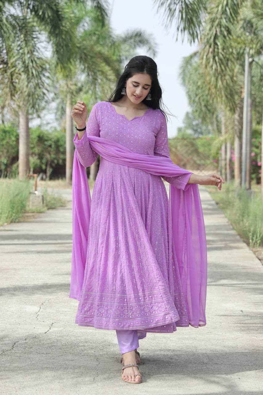 Teeya Creation Purple Color Faux Georgette Heavy Embroidery And Sequence Work Anarkali With Pants And Dupatta | Grocsy