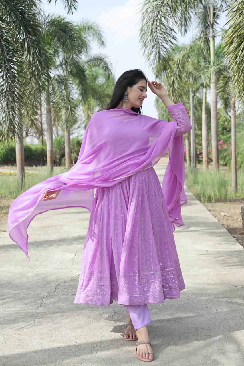 Teeya Creation Purple Color Faux Georgette Heavy Embroidery And Sequence Work Anarkali With Pants And Dupatta | Grocsy