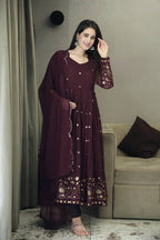 Teeya Creation Wine Color Faux Georgette Heavy Embroidery And Sequence Work Anarkali With Pants And Dupatta | Grocsy