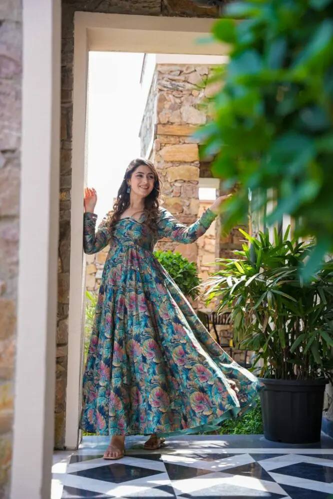 Teeya Creation Multicolor Muslin Silk Digital Print Anarkali With Pants And Dupatta | Grocsy