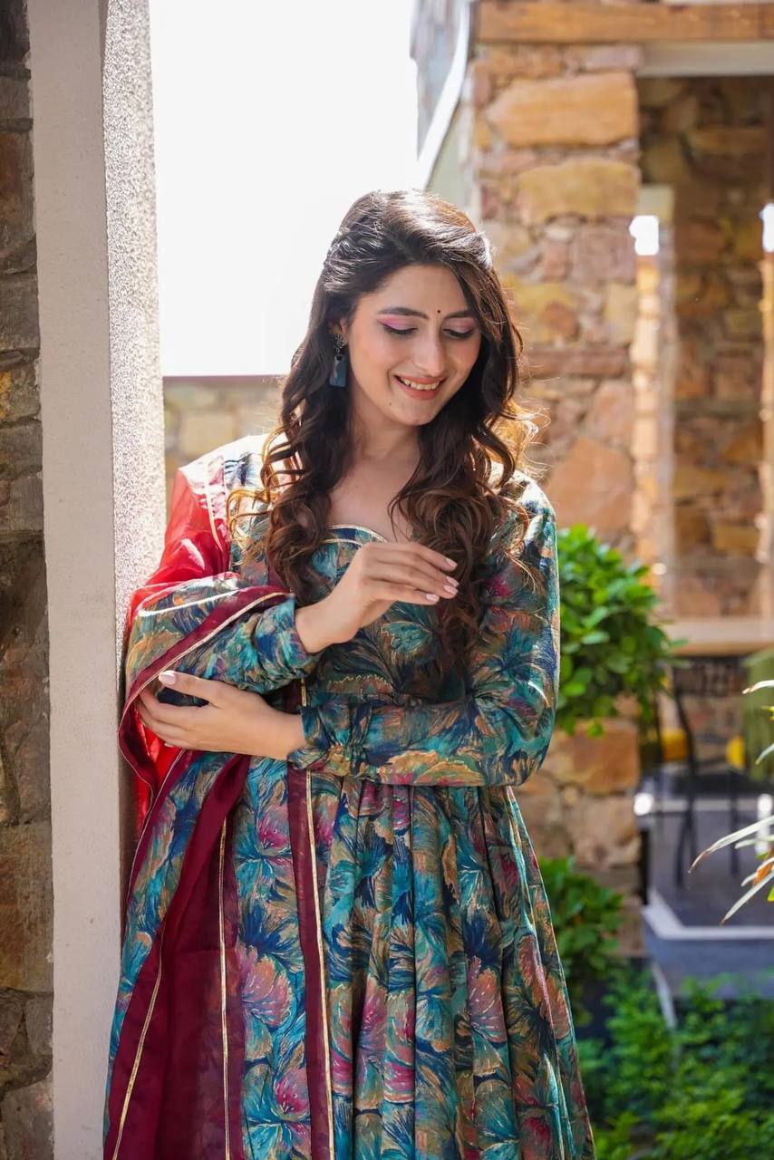 Teeya Creation Multicolor Muslin Silk Digital Print Anarkali With Pants And Dupatta | Grocsy