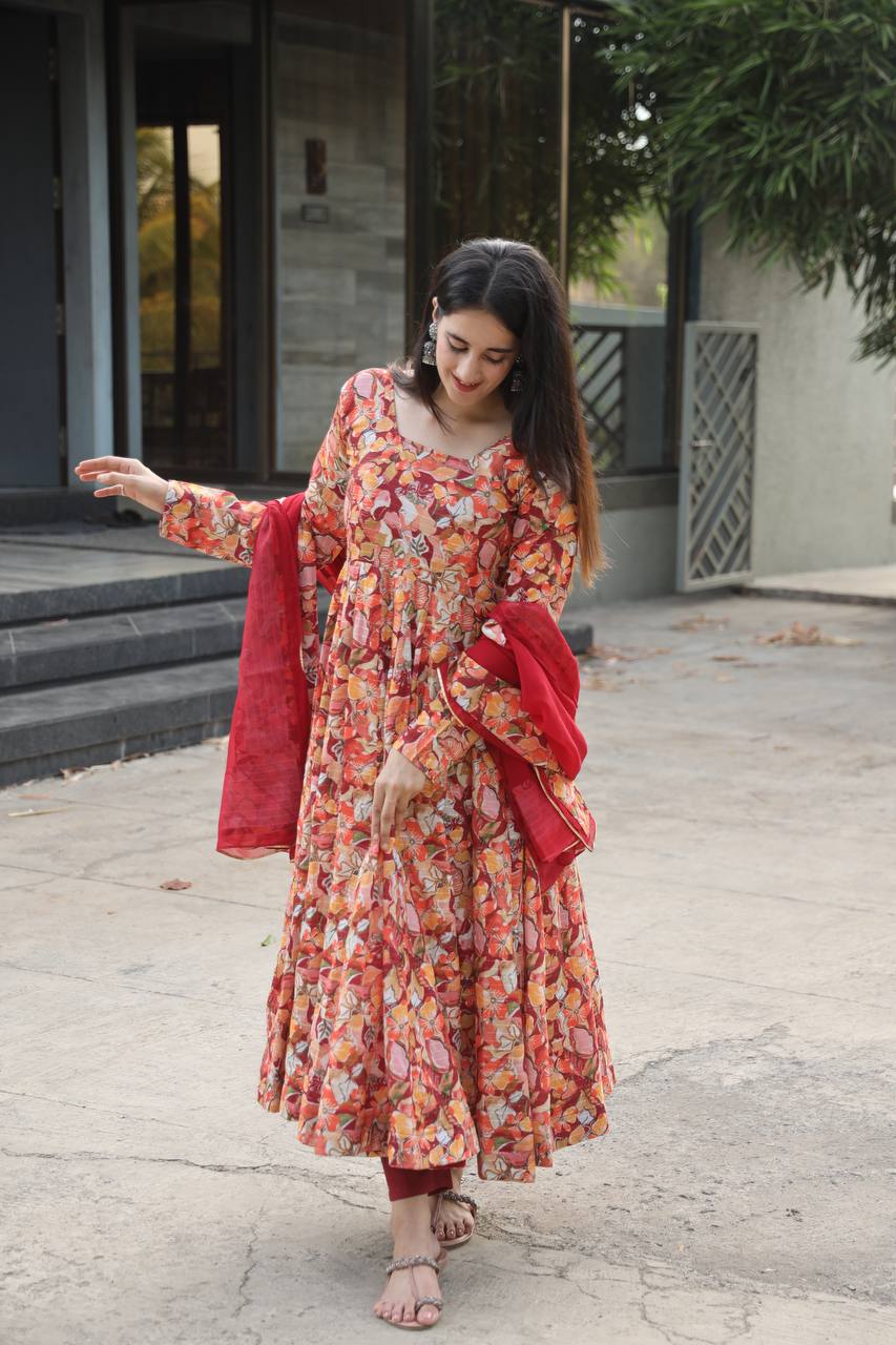 Teeya Creation Multicolor Muslin Silk Digital Print Anarkali With Pants And Dupatta | Grocsy