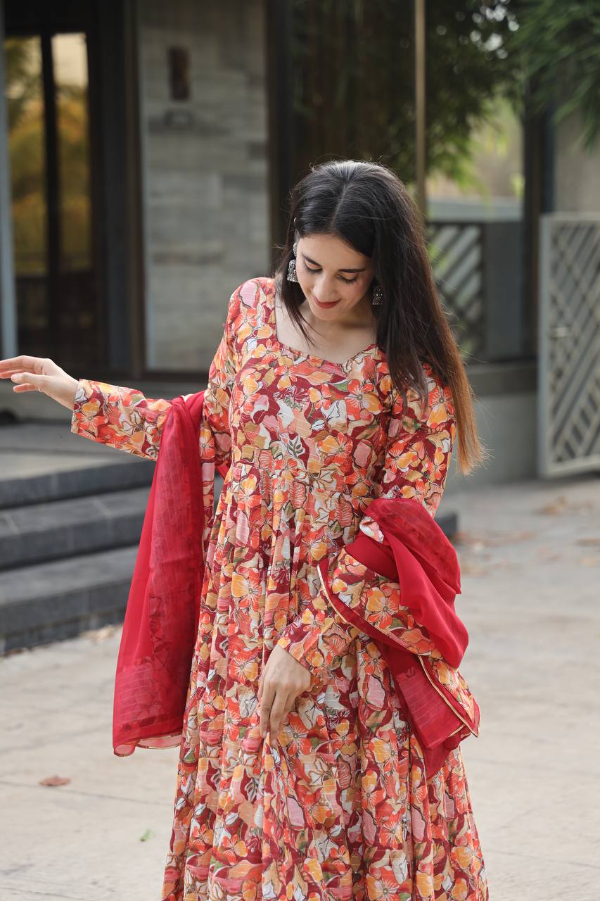 Teeya Creation Multicolor Muslin Silk Digital Print Anarkali With Pants And Dupatta | Grocsy