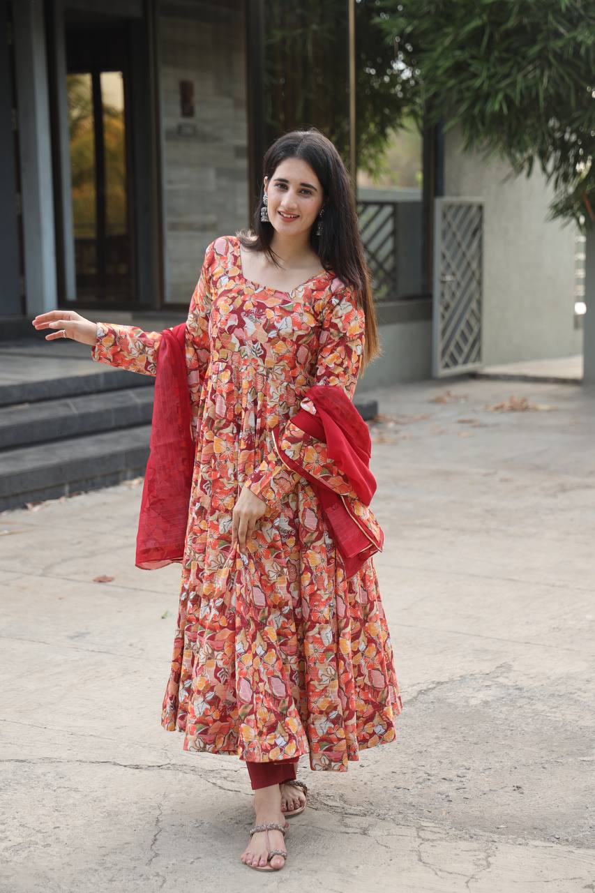 Teeya Creation Multicolor Muslin Silk Digital Print Anarkali With Pants And Dupatta | Grocsy