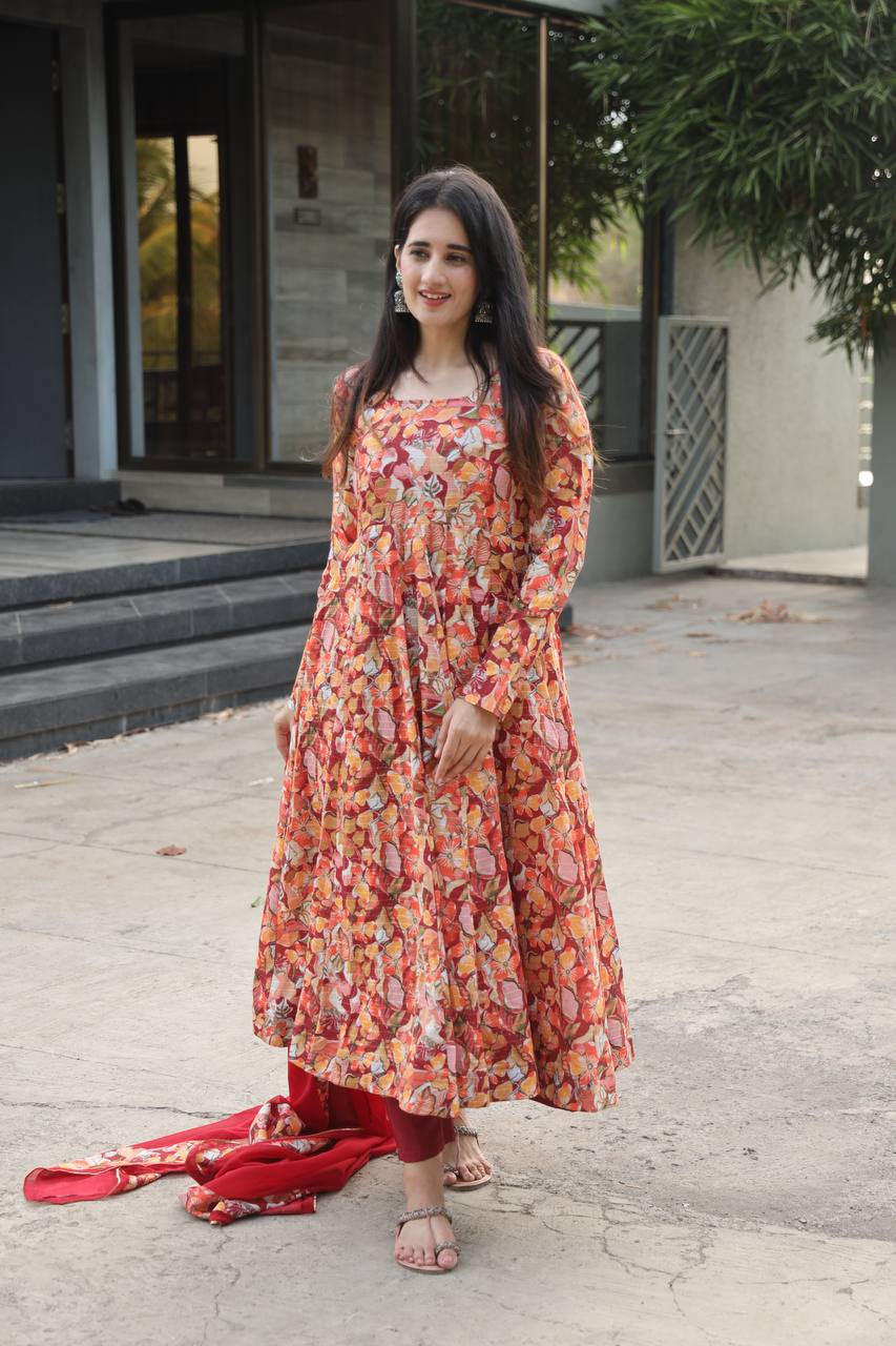 Teeya Creation Multicolor Muslin Silk Digital Print Anarkali With Pants And Dupatta | Grocsy