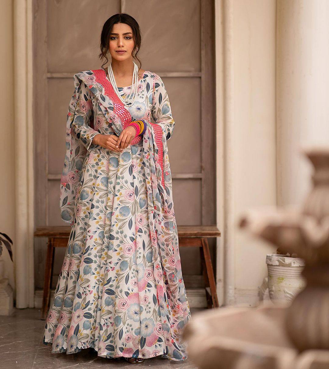 Teeya Creation Multicolor Chinon Silk Digital Print With Sequence Work Anarkali With Pants And Dupatta | Grocsy