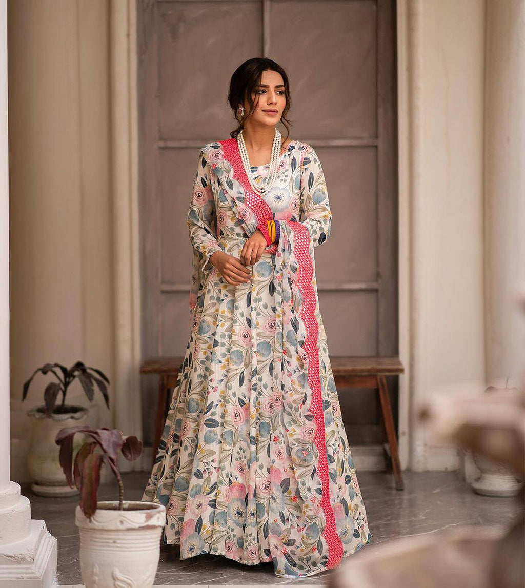 Teeya Creation Multicolor Chinon Silk Digital Print With Sequence Work Anarkali With Pants And Dupatta | Grocsy