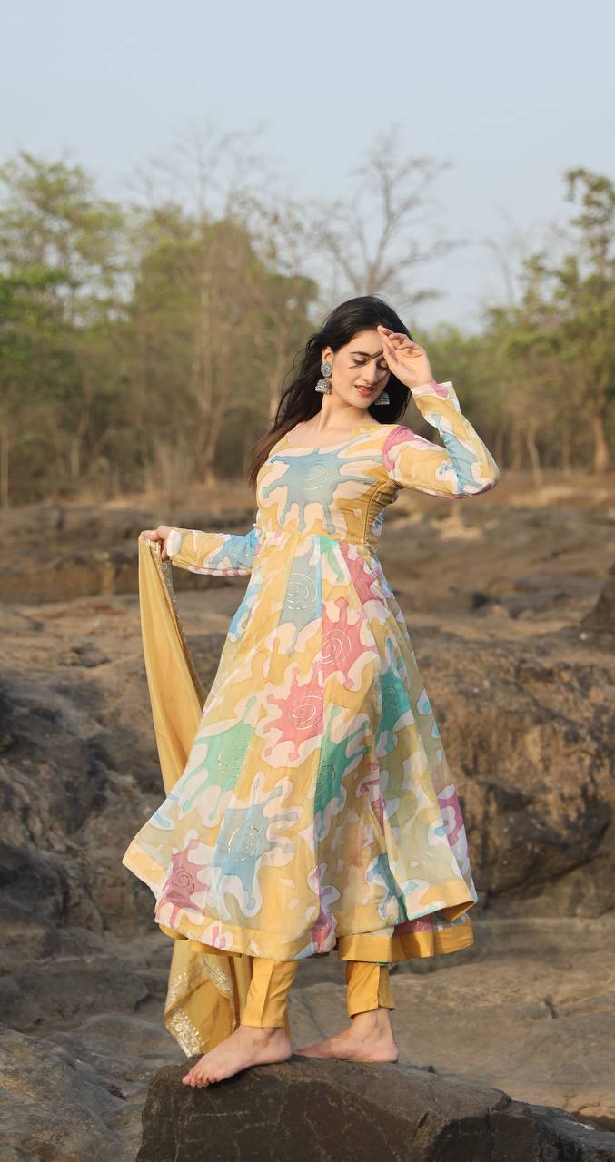 Teeya Creation Multicolor Soft organza Silk Digital Printed With Foil Print Anarkali With Pants And Dupatta | Grocsy
