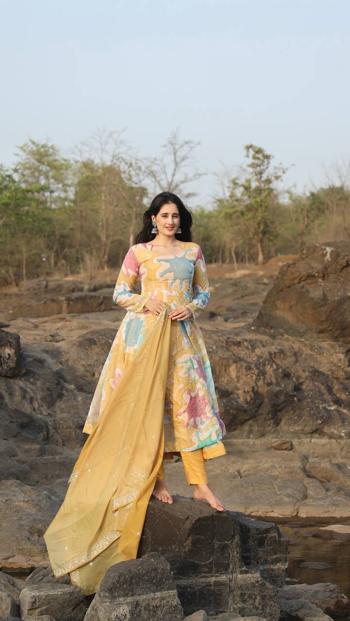 Teeya Creation Multicolor Soft organza Silk Digital Printed With Foil Print Anarkali With Pants And Dupatta | Grocsy