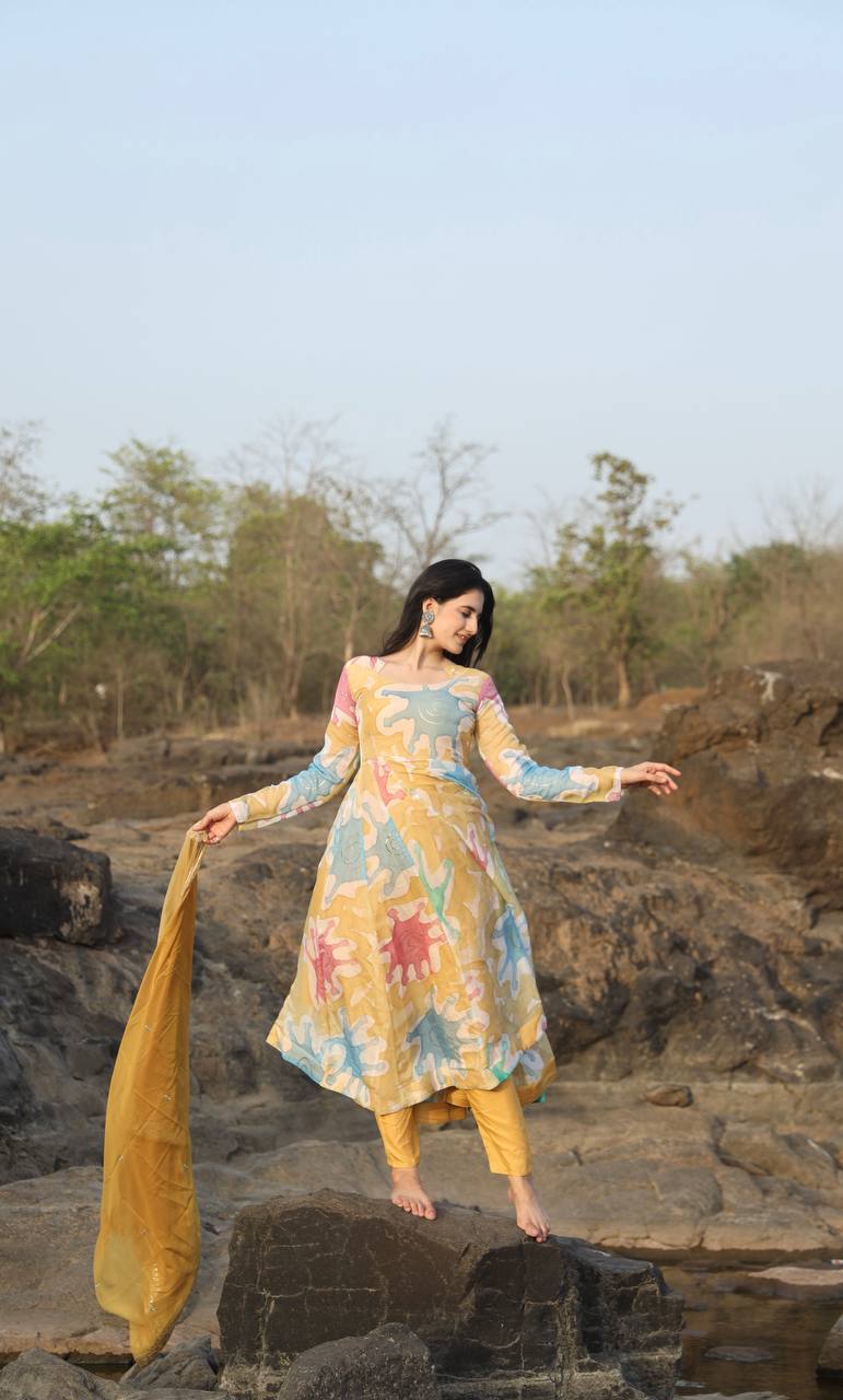 Teeya Creation Multicolor Soft organza Silk Digital Printed With Foil Print Anarkali With Pants And Dupatta | Grocsy