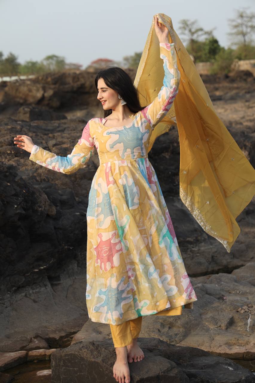 Teeya Creation Multicolor Soft organza Silk Digital Printed With Foil Print Anarkali With Pants And Dupatta | Grocsy