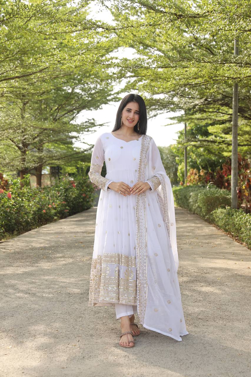 Teeya Creation White Color Georgette Heavy Embroidery And Sequence Work Anarkali With Pants And Dupatta | Grocsy