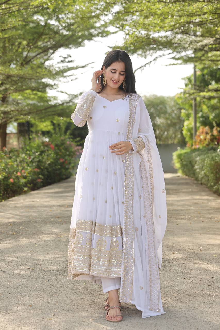 Teeya Creation White Color Georgette Heavy Embroidery And Sequence Work Anarkali With Pants And Dupatta | Grocsy