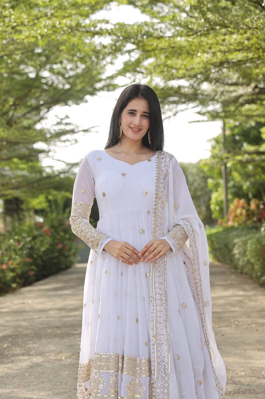 Teeya Creation White Color Georgette Heavy Embroidery And Sequence Work Anarkali With Pants And Dupatta | Grocsy