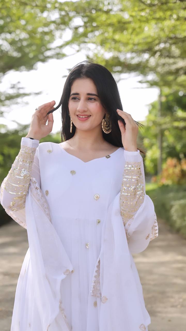Teeya Creation White Color Georgette Heavy Embroidery And Sequence Work Anarkali With Pants And Dupatta | Grocsy