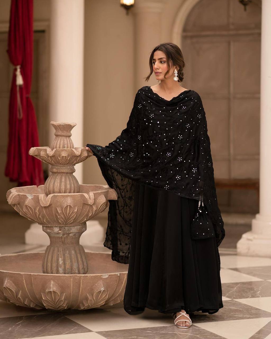 Teeya Creation Black Color Roman Cotton Embroidery And Sequence Work Anarkali With Pants And Dupatta | Grocsy