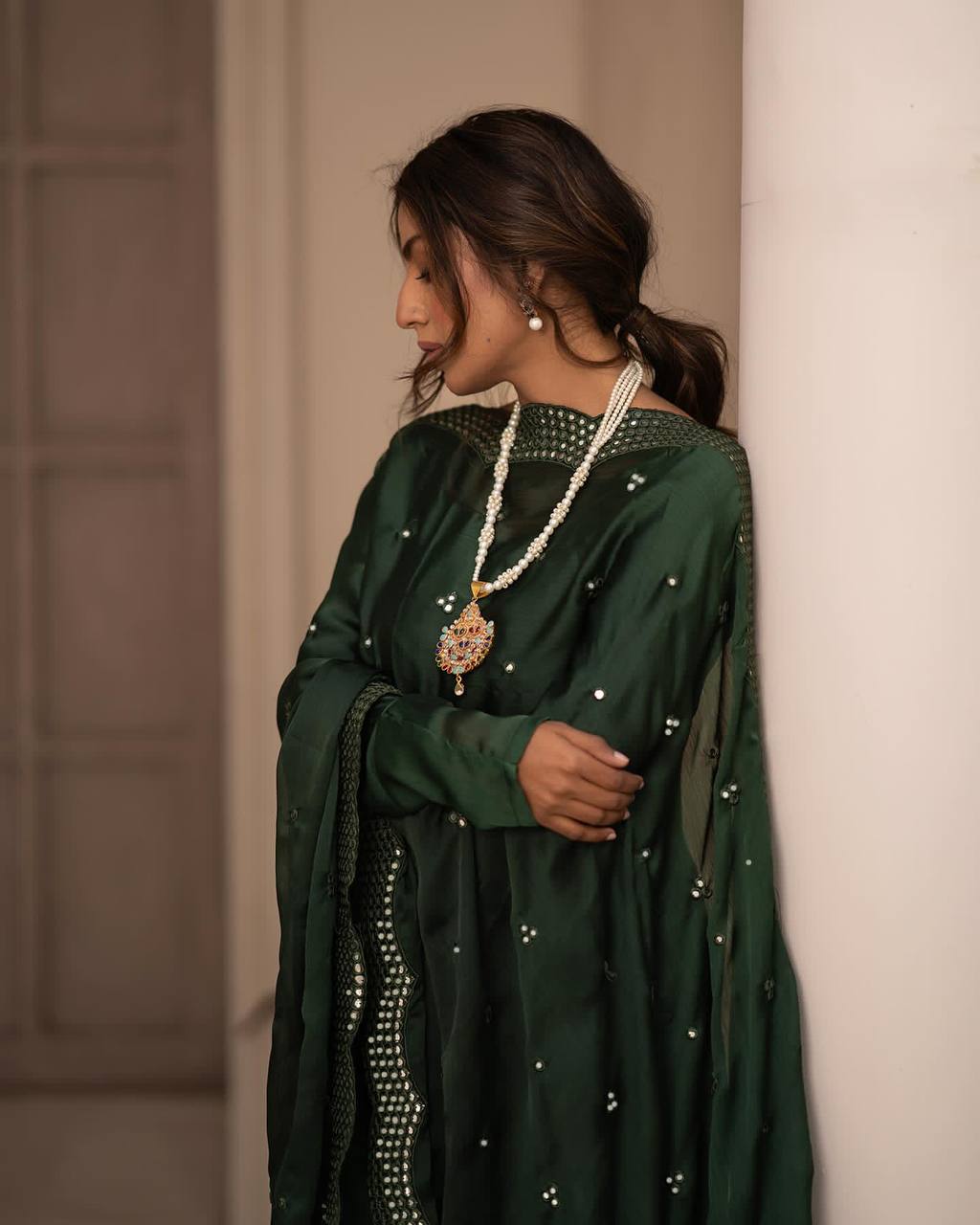Teeya Creation Green Color Roman Cotton Embroidery And Sequence Work Anarkali With Pants And Dupatta | Grocsy