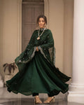Teeya Creation Green Color Roman Cotton Embroidery And Sequence Work Anarkali With Pants And Dupatta | Grocsy