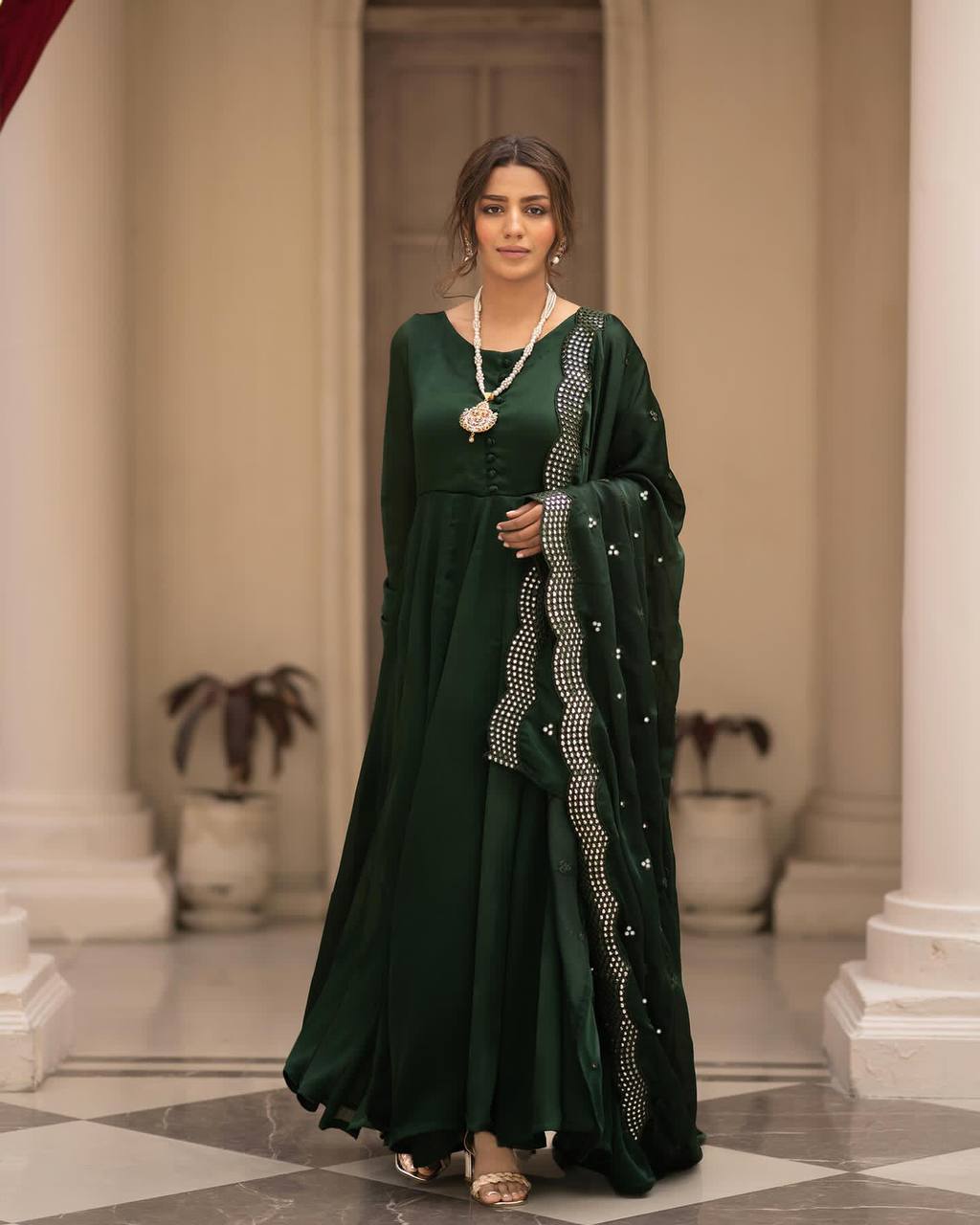 Teeya Creation Green Color Roman Cotton Embroidery And Sequence Work Anarkali With Pants And Dupatta | Grocsy