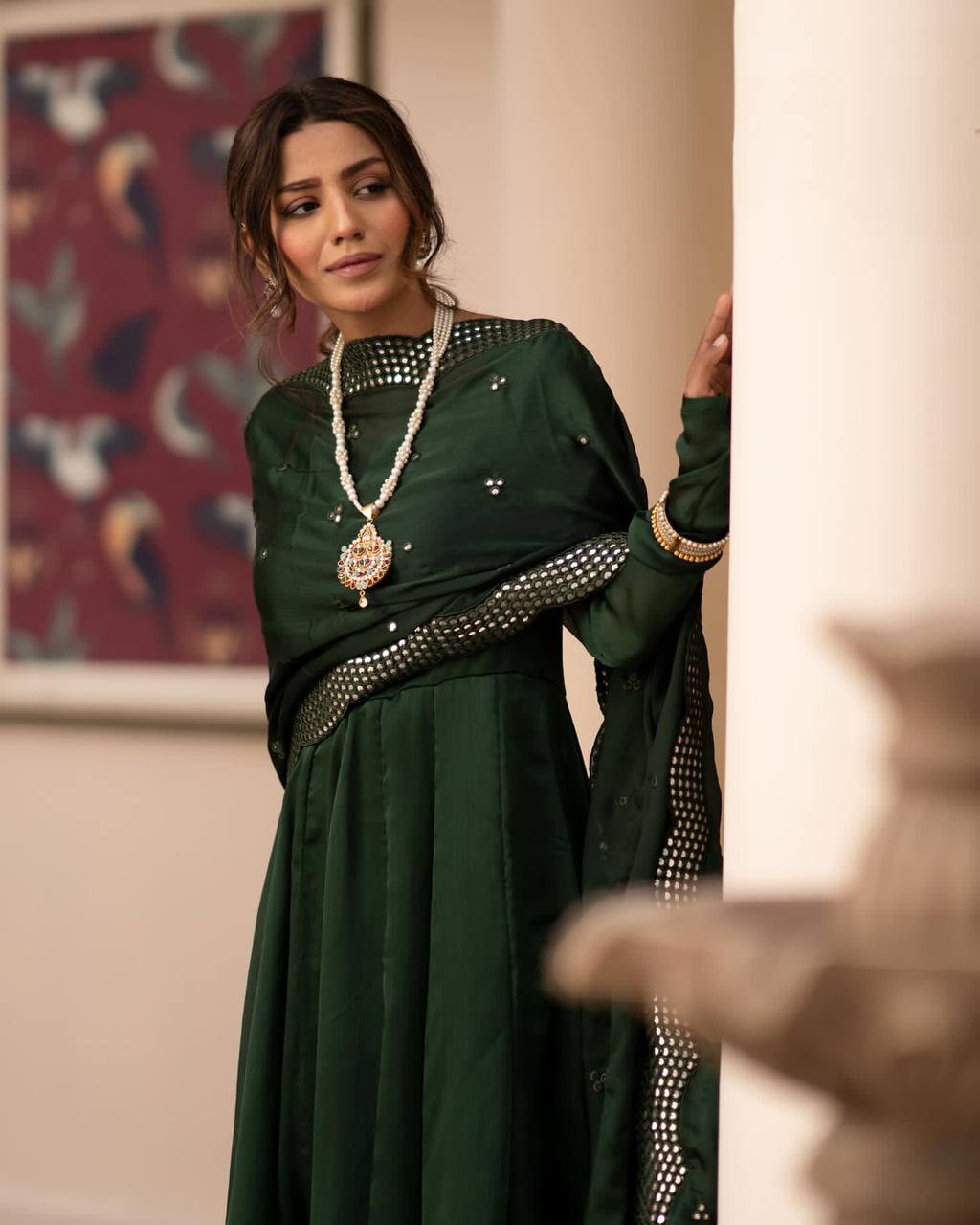 Teeya Creation Green Color Roman Cotton Embroidery And Sequence Work Anarkali With Pants And Dupatta | Grocsy