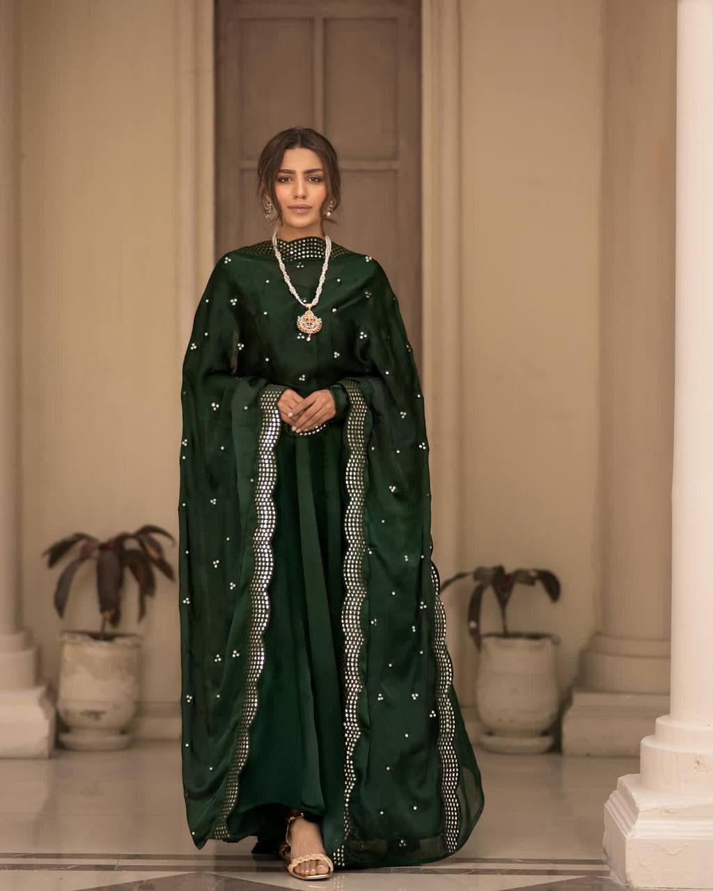 Teeya Creation Green Color Roman Cotton Embroidery And Sequence Work Anarkali With Pants And Dupatta | Grocsy