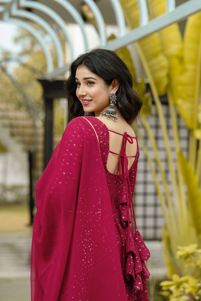 Teeya Creation Maroon Color Georgette Heavy Embroidery And Sequence Work Anarkali With Pants And Dupatta | Grocsy