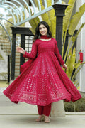 Teeya Creation Maroon Color Georgette Heavy Embroidery And Sequence Work Anarkali With Pants And Dupatta | Grocsy