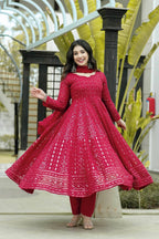 Teeya Creation Maroon Color Georgette Heavy Embroidery And Sequence Work Anarkali With Pants And Dupatta | Grocsy
