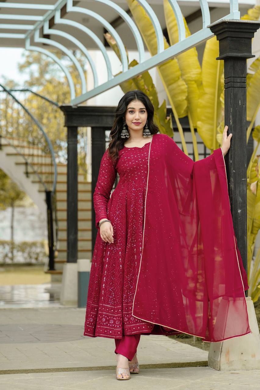 Teeya Creation Maroon Color Georgette Heavy Embroidery And Sequence Work Anarkali With Pants And Dupatta | Grocsy