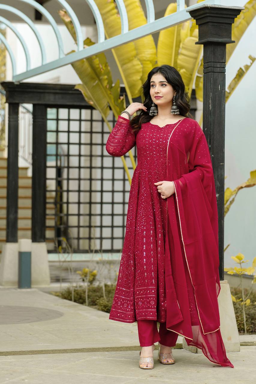 Teeya Creation Maroon Color Georgette Heavy Embroidery And Sequence Work Anarkali With Pants And Dupatta | Grocsy