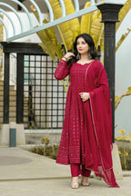 Teeya Creation Maroon Color Georgette Heavy Embroidery And Sequence Work Anarkali With Pants And Dupatta | Grocsy