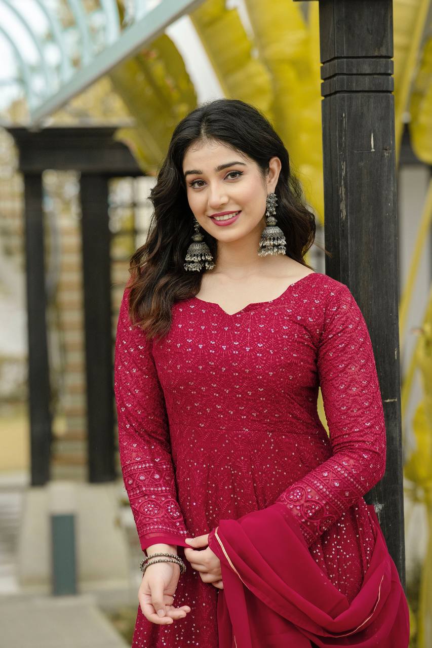 Teeya Creation Maroon Color Georgette Heavy Embroidery And Sequence Work Anarkali With Pants And Dupatta | Grocsy