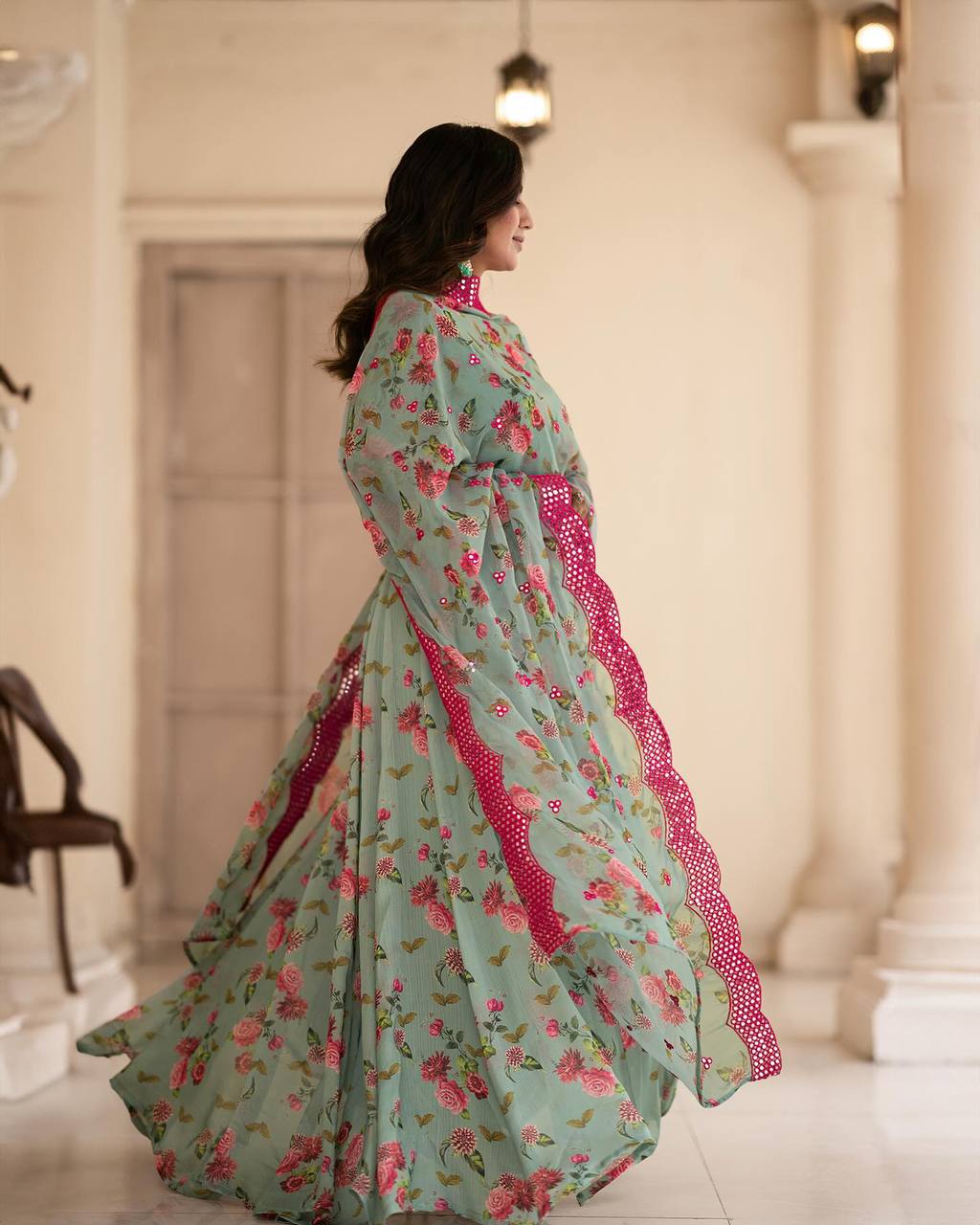 Teeya Creation Multicolor Chinon Silk Digital Print With Sequence Work Anarkali With Pants And Dupatta | Grocsy