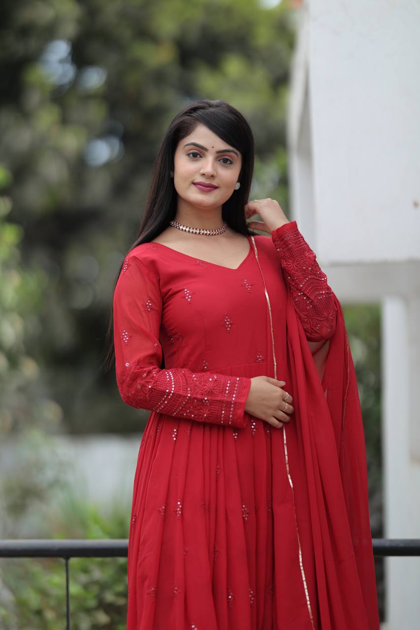 Teeya Creation Maroon Color Georgette Heavy Embroidery And Sequence Work Anarkali With Pants And Dupatta | Grocsy