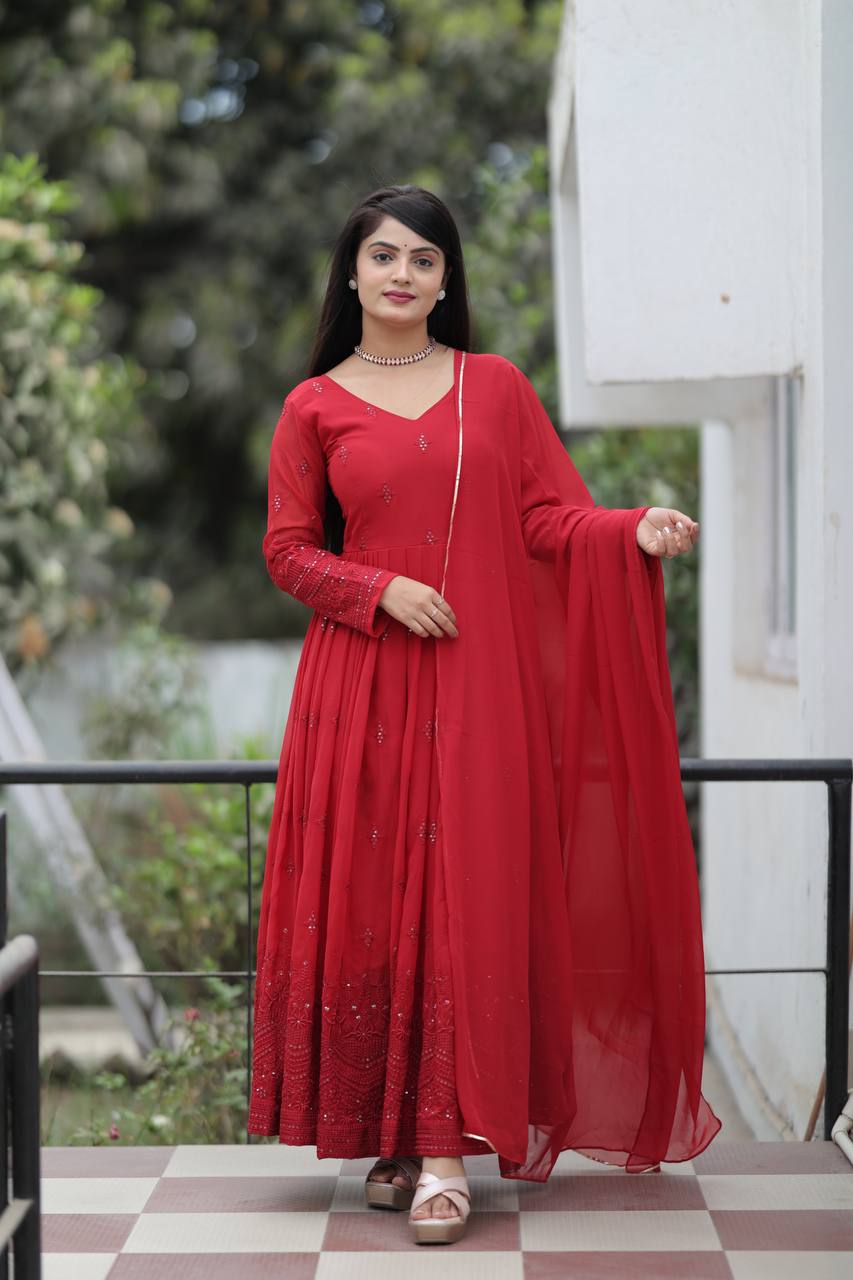 Teeya Creation Maroon Color Georgette Heavy Embroidery And Sequence Work Anarkali With Pants And Dupatta | Grocsy