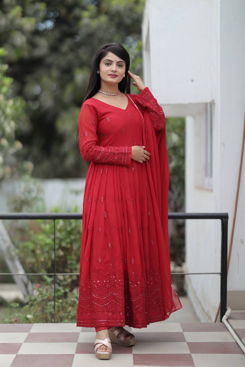 Teeya Creation Maroon Color Georgette Heavy Embroidery And Sequence Work Anarkali With Pants And Dupatta | Grocsy